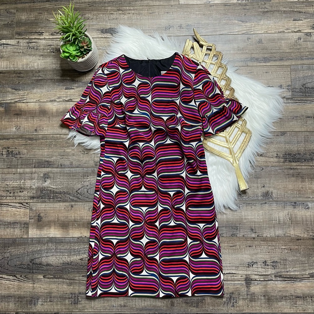 Trina Turk Pattern Purple Maroon Shift Ruffle Dress